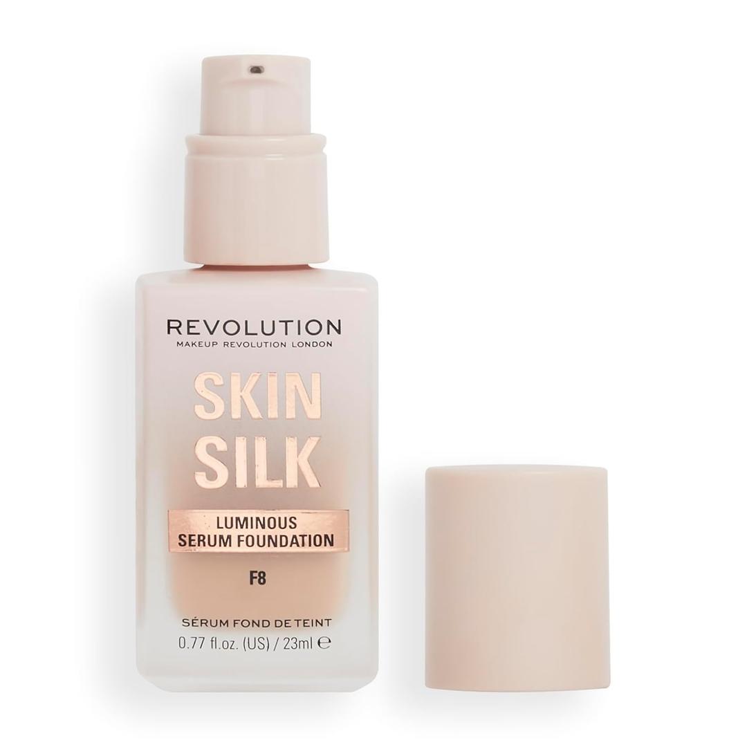 Revolution Beauty London, Skin Silk Serum Foundation, Light to Medium Coverage, Lightweight & Radiant Finish, Contains Hyaluronic Acid, F8 Medium Skin Tones, 0.77 fl oz