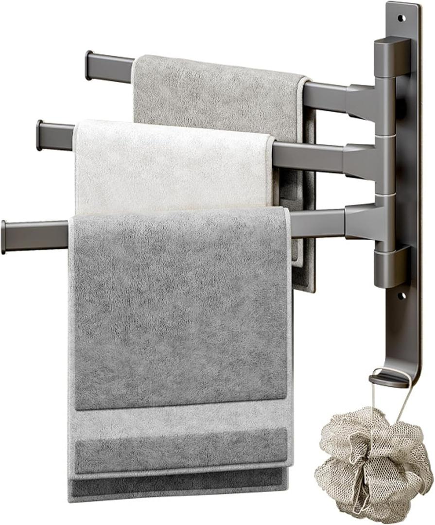Towel Bar Towel Rack Bathroom Towel Rack, Adhesive Wall Mounted, 180-Degree Rotatable, 3-Bar Space Aluminum Towel Holder for Bathroom with Protective End Caps and Integrated Hooks Bath Towel Holder