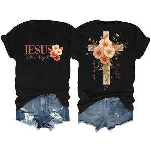 Faith Cross Christian Shirts for Women with Floral Cross Print, Womens Graphic Tees Short Sleeve Tshirt (3X-Large, Black)