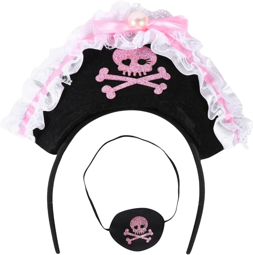 FRCOLOR 2Pcs Halloween Skull Eye Patch Pirate Hat Headband Pink Lace Pearls Pirate Headband Blindfold Set for Women Girls