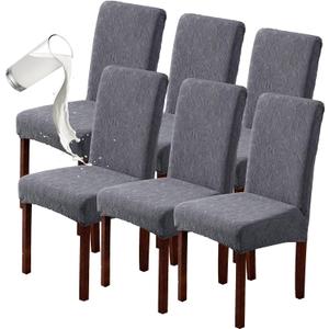 Genina 100% Waterproof Dining Room Chair Covers Set of 6 Stretch Kitchen Chair Covers Parsons Chair Slipcovers for Dining Room Chair Protector Cover, Removable, Washable (Leaf Pattern-Dark Gray) (Regular-6 Pack)