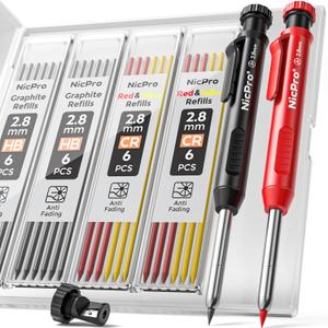 Nicpro Carpenter Pencil with Sharpener, Mechanical Pencils Set with 26 Refills, Deep Hole Marker for Construction, Heavy Duty Woodworking Tools for Architect (Black, Red) - With Case
