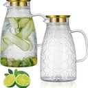 Glass Pitcher with Lid and Handle, 2 PACK 68 oz/2 Liter Vintage Flower Design Fridge Water Pitcher, Borosilicate Glass Water Carafe for Hot/Cold Water,Coffee,Iced Sun Tea,Heat Resistant