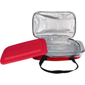 HW1236 Glass Casserole with Insulated Bag, Ideal for Picnic, Potluck, Hiking & Beach Trip-Retains Hot and Cold Temperature of Food, Overall12 "x 7.5"x2 "- Red