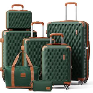 Melalenia Luggage Sets 7 Piece Hard Shell Carry on Suitcase with Spinner Wheels and TSA Lock, Lightweight Travel Duffel Bag for Women, Men, Green Brown (7 Piece Set(DB/TB))