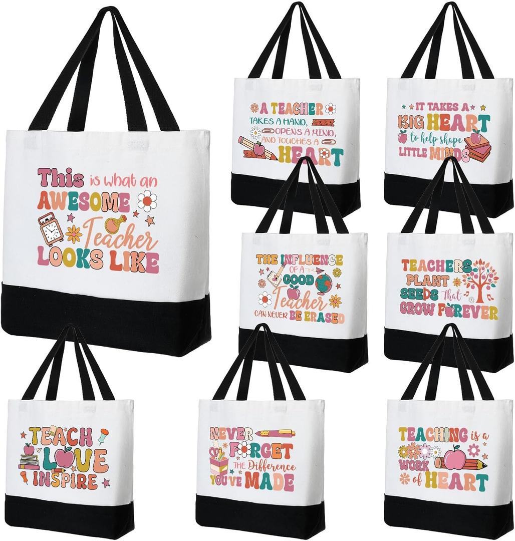 Sweetude 8 Pack Teacher Appreciation Bag Canvas Tote Bag Bulk Rainbow Teachers Day Thank You Gifts Graduation