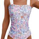 Aleumdr Womens Retro Ruched Two Piece Strappy Tummy Control Swimwear Tie Side Tankini Bathing Suit Set (X-Large, Floral Pink)