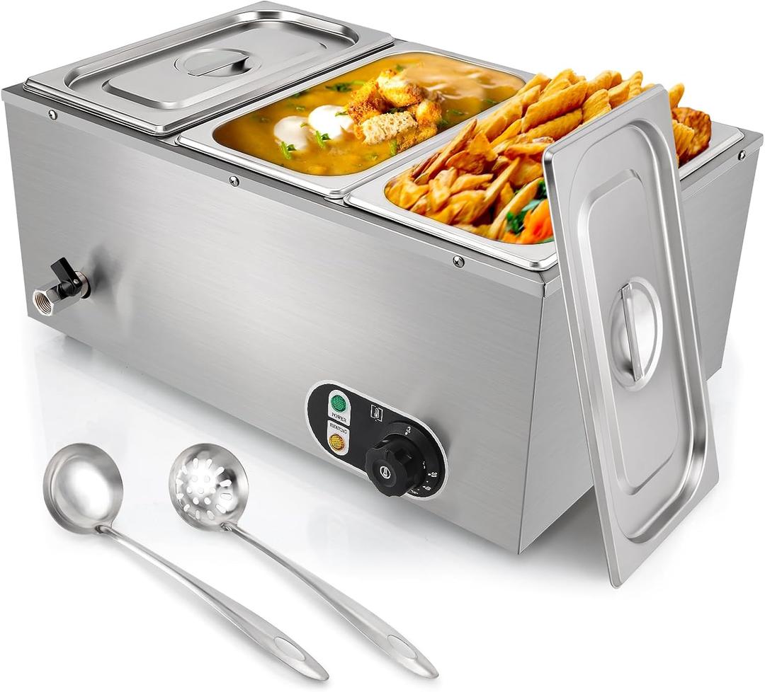3-Pan Commercial Food Warmer 1500W Electric Stainless Steel Food Warmer, 6.9 QT Steam Table Pan with 86-185F Temp Control for Catering, Restaurants, Buffets (21 QT Total Capacity)