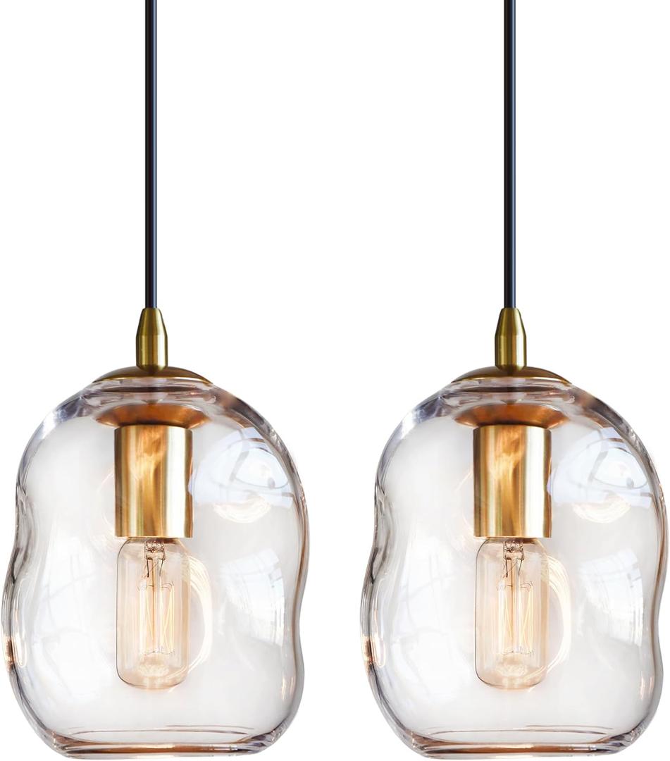 CASAMOTION Pendant Lighting Kitchen Island Modern Clear Glass Organic Globe Gold Kit Adjustable Cord Hanging Light Fixtures Dining Room Table Bar Counter Bedroom 8 Inch Height 2 Pack