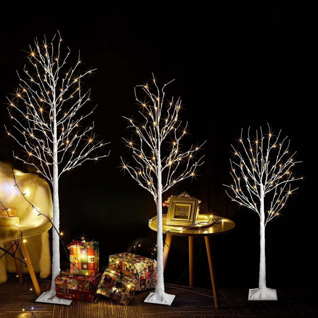 LED Birch Tree Light, 3PK (4Ft, 6Ft, 8Ft) With Timer, Lighted Twig Lamp, Prelit Christmas Tree for Xmas Indoor Outdoor Home Party Garden Decor