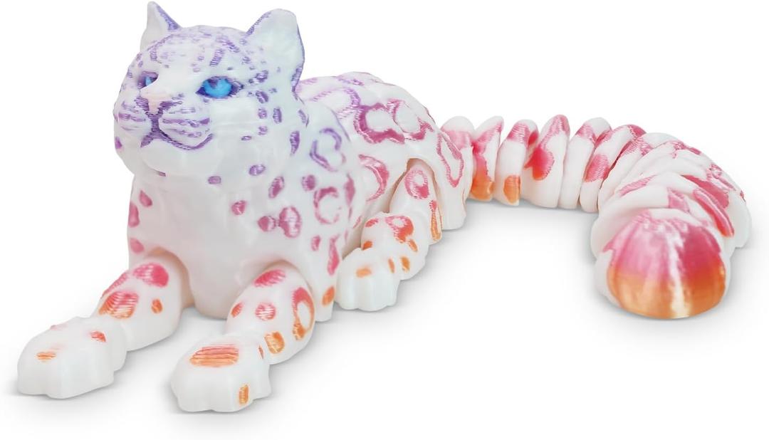 3D Printed Snow Leopard, Black & White Spotted Design, 8 Inches 3D Animals Realistic Jointed Creature for Stress Relief & Office Decor (Pink)