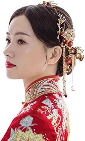 Women Gold Butterfly Hair Comb Traditional Chinese Wedding Headdress Accessories Red Pearl Stick Head Jewelry Bridal Headpiece