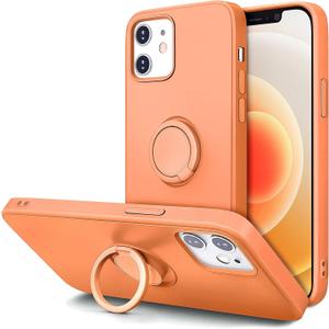 Hython Case for iPhone 12 Case & iPhone 12 Pro Case with Ring Stand, 360 Rotatable Ring Holder Magnetic Kickstand, Shockproof Rubber Protective Phone Case Cover with Inner Microfiber Lining, Kumquat