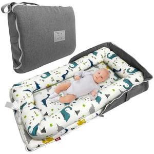Baby Lounger, Foldable Portable Infant Lounger, Baby Nest Cover, Suitable for 0-24 Months Newborn Baby Lounger,Home Travel Dual-Purpose Baby Nest（Blue Dinosaur）