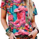 Boho Western Cowgirl Shirts for Women: Vintage Western Rodeo Graphic Tee Cowgirl 3D Digital Printing Short Sleeve Tops (Small)