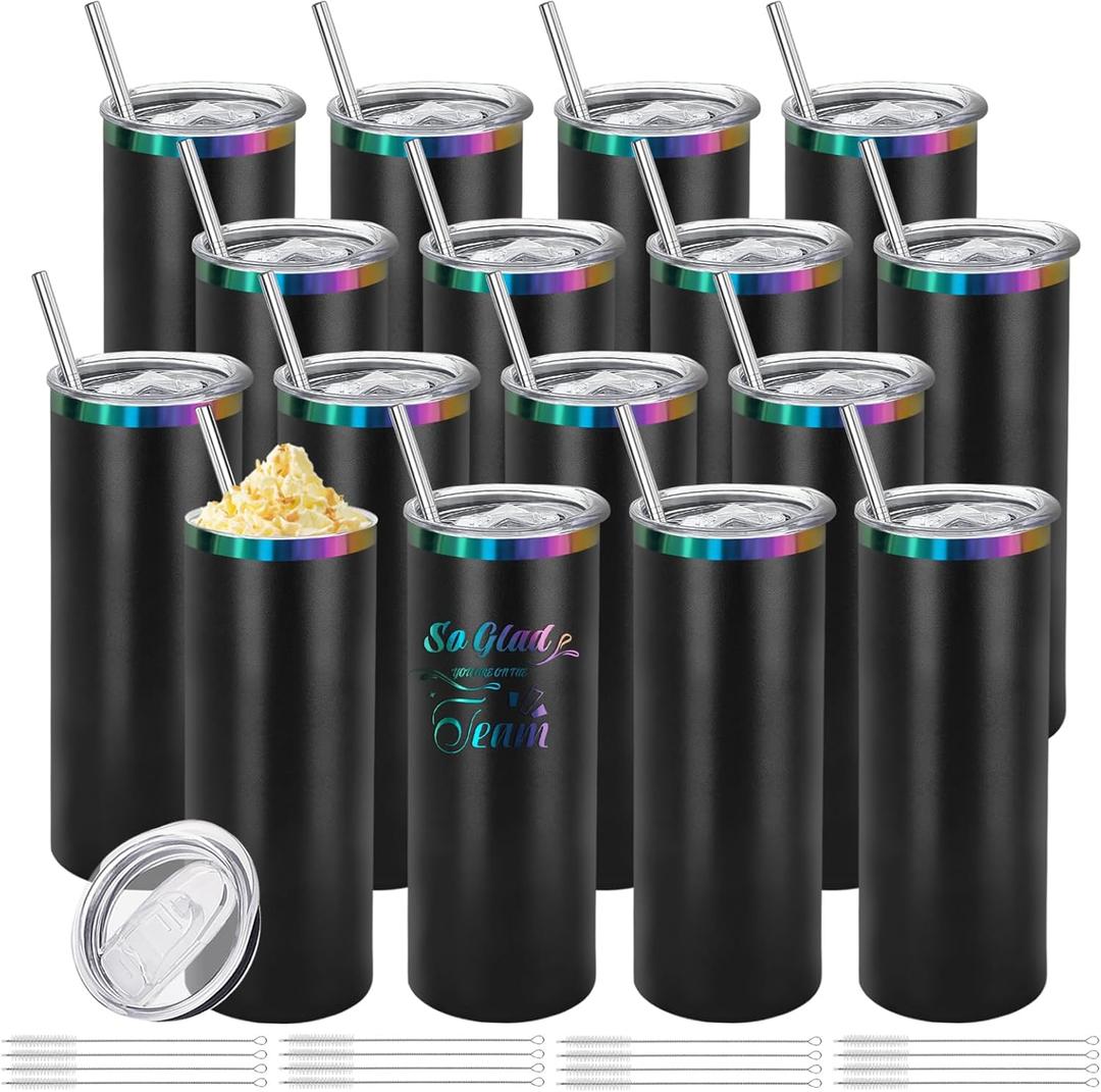 YOUKE OLA 16 Pack Rainbow Plated Stainless Steel Tumbler Straight Double Wall Powder Coated for Laser Engrave, 20oz Black To Iridescent