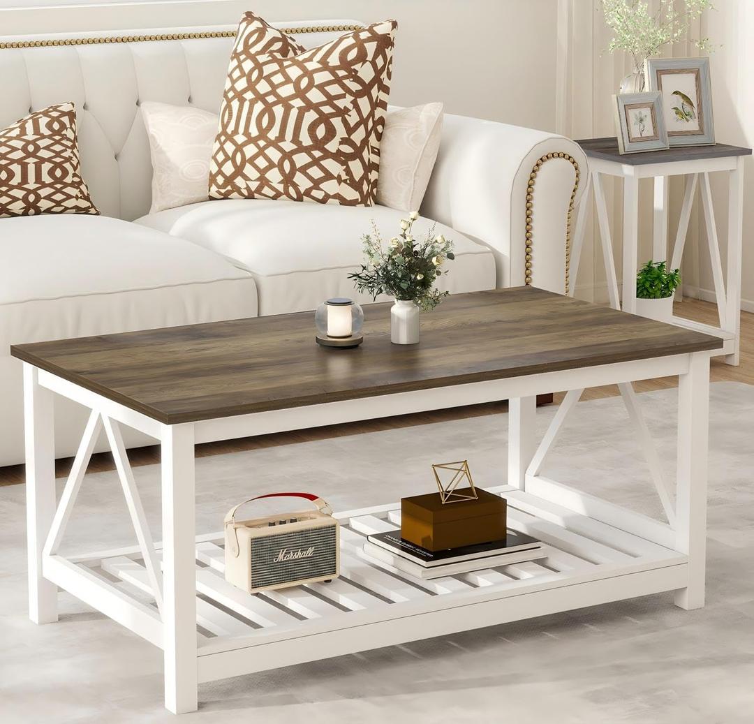 Coffee Table with Storage Small White Farmhouse Coffee Table for Livingroom | Farmhouse Style , Coffee table , Walnut Top , 2-Tier Slat Shelf , V-Shape Frame , 39.4" L x 21.6" W ,Sturdy Frame, 21.6Dx39.4"Wx17.8"H