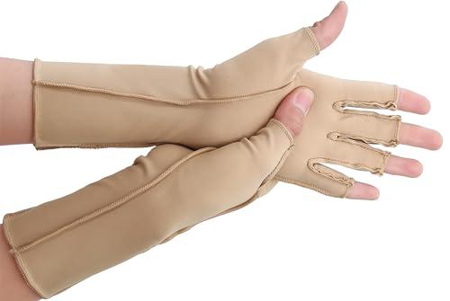 NURCOM Compression Arthritis Gloves, Rheumatoid Pain Relief Compression Gloves for Women & Men, Premium Fingerless Circulation Gloves for Arthritis & Joint Pain, Swelling, Tendonitis, 1 Pair Beige S