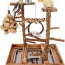 Bird Playground - Natural Wood Bird Perch Stand with Removable Tray and 2 Stainless Steel Cups