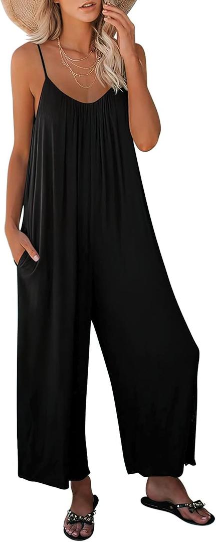 ANRABESS Women Summer Casual Sleeveless Spaghetti Strap Boho Wide Leg Jumpsuits Rompers Dressy 2025 Trendy Outfits Clothes (Large, Black)