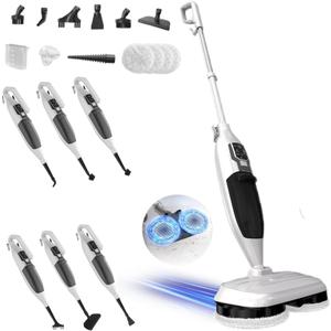 Scrub and Steam Mop with 13 Accessories,Floor Scrubber Spin Mop for Hard Floors Deep Cleaning,Washable Mop Pads for Home,550ml Capacity,Chemical-Free Deep Clean & Sanitize with High Temperature (Parchment)