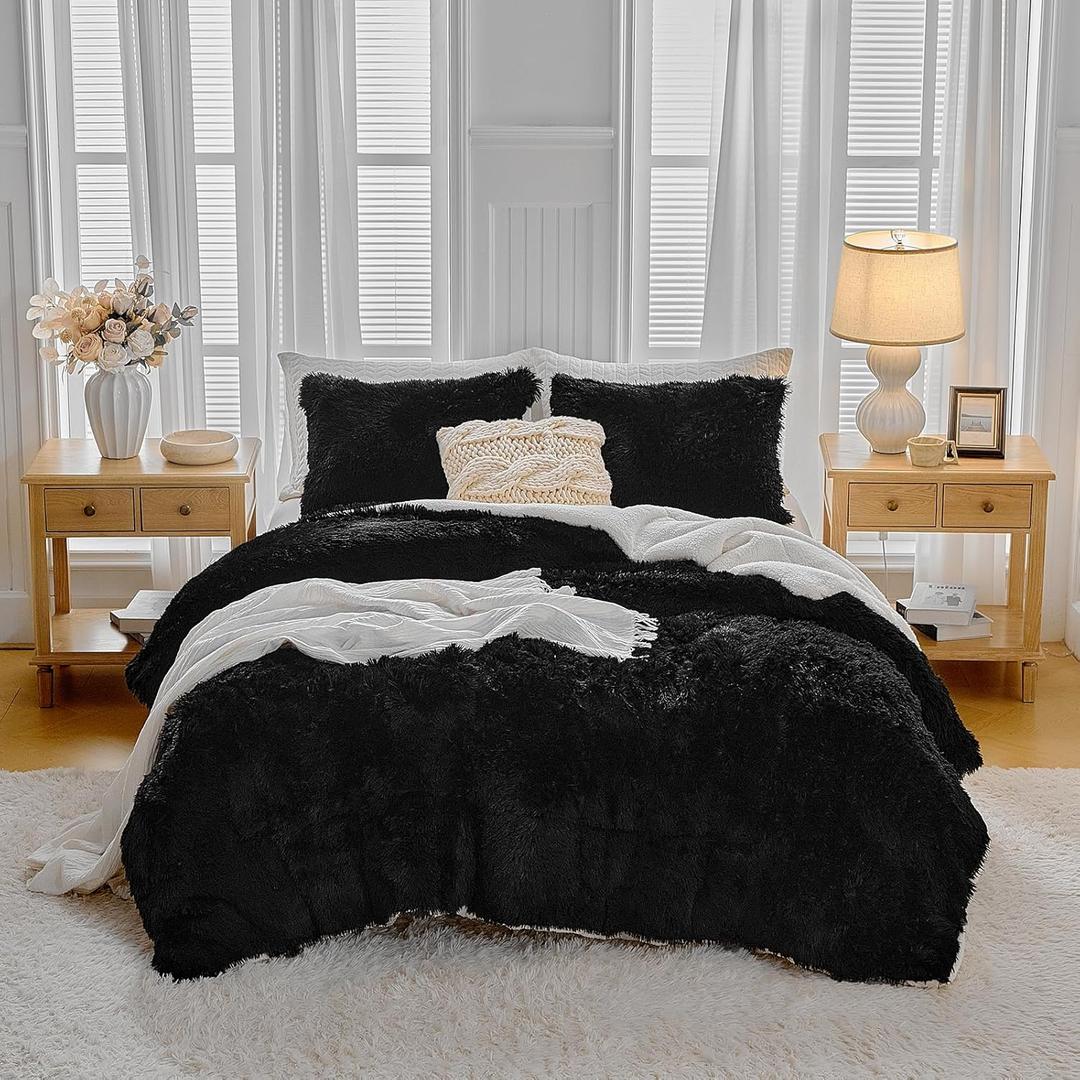 UOZZI BEDDING Black Faux Fur Comforter Set Queen 3 Pieces - 1 Black Shaggy Comforter Set 90x90 and 2 Pillowcases, Ultra Soft and Easy Care Luxury Plush Shaggy Duvet Set