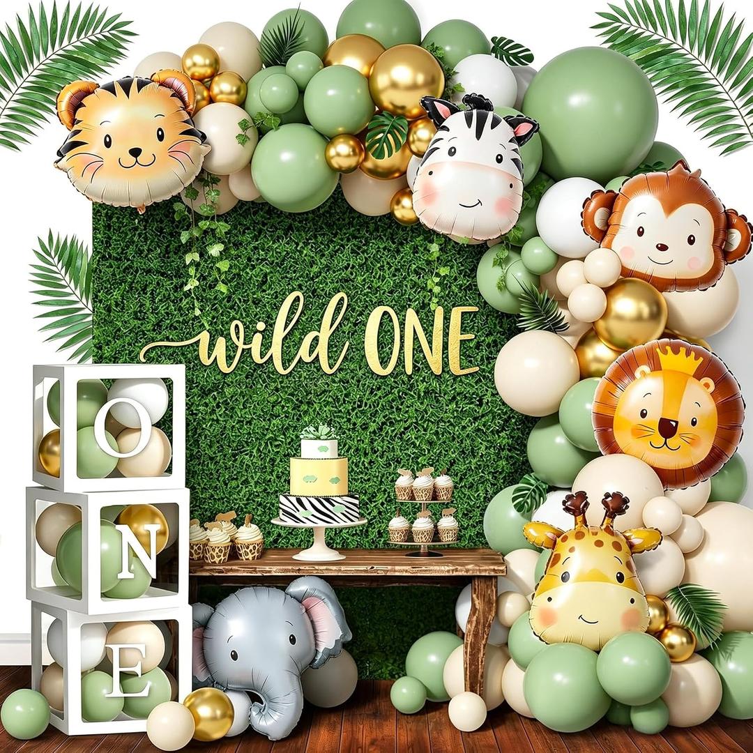 Wild One Birthday Decorations,112 Pcs First Birthday Decorations Party Supplies, Balloons Garland Arch Kit,1st Balloon Boxes with ONE Letters for Safari Jungle Theme Woodland Animals Boys Girls