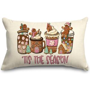 2 x JarThenaAMCS Christmas Pillow Cover Rectangle Gingerbread 12 x 20 Inch Xmas Coffee Throw Pillow Case Tis The Season Cushion Cover for Home Office