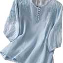 3/4 Length Sleeve Womens Tops Cotton Linen Button Loose Crew Neck Casual Boho Top Vintage Embroidered Blouse Tops, Size 4