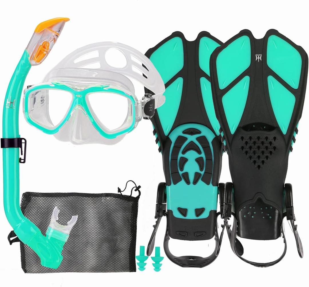 Kids Mask Fins Snorkel Set Snorkeling Packages, with Diving Mask, Snorkel, Adjustable Swim Fins, Mesh Bag, Anti-Fog Anti-Leak Snorkeling Gear for Kids for Snorkeling Swimming Diving (Green water)