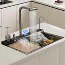 Dual Waterfall Kitchen Sink Modern Kitchen Sink Single Bowl Digital Smart Sink with Soap Dispenser Stainless Steel Sink with Pull-Out Faucet Workstation Sink with Honeycomb(29.5x18.1in)