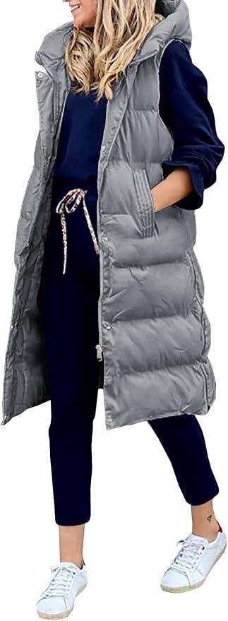 Women's Hooded Long Down Vest Full-Zip Sleeveless Puffer Vest Fashionable Coats Jacket, L