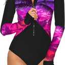 SELINK Women's Long Sleeve Rash Guard UV Protection Zipper Printed Surfing One Piece Swimsuit Bathing Suit Coconut Palm Tree, S