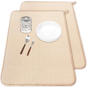 2 Pcs XXL Dish Drying Mats,Absorbent Microfiber Drainer Mat,Large Size 2417" Pads for Kitchen Counter,Coffee,Rack,Under Sink(Beige)