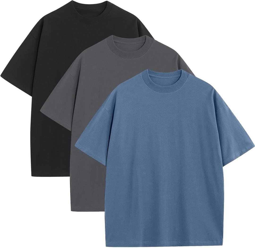 3 Pack Mens Oversized T-Shirts Fashion Loose Fit Crewneck Tshirt Streetwear Heavyweight Short Sleeve Tee Shirt Gym Workout Tops(BLGYBK, 2XL)