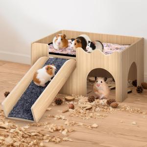 Large Guinea Pig Castle, Sturdy Wooden Small Animal Bed Platform, Upgraded Wooden Guinea Pig Castle with Anti-Slip Stairs, Easy to Assemble, Perfect for Hamsters and Rabbits to Play and Hide