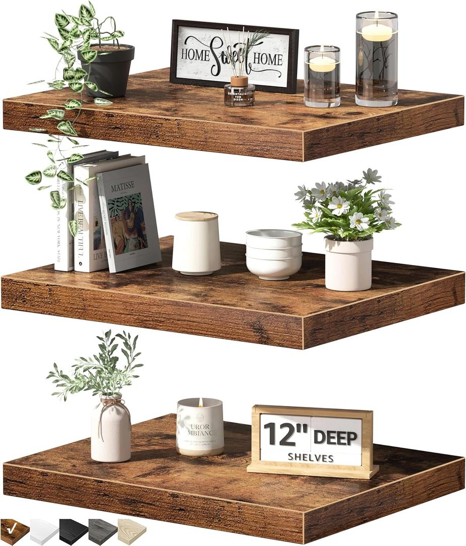 QEEIG 12" Deep Floating Shelves for Wall - 12 x 16 inch Book Shelf Bathroom Bedroom Kitchen Living Room Hanging Bookshelf Farmhouse Set of 3, Brown (026-40BN3)