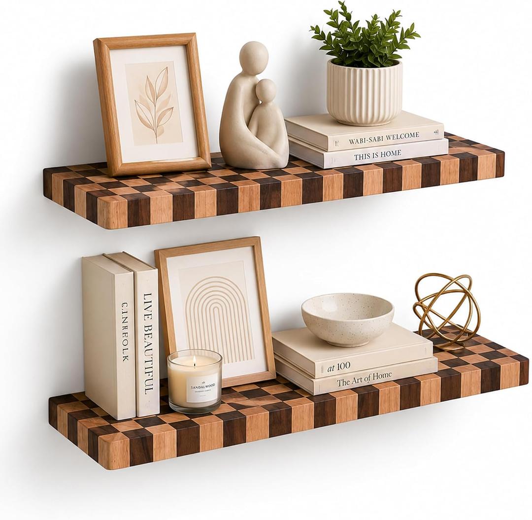 Floating Shelves for Wall, 24 Inch Solid Wood Checkered Wall Shelves, 24inch, 2Packs
