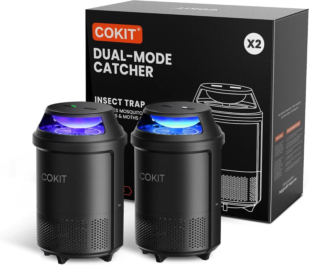 Indoor Insect Trap, Dual-Mode Fruit Fly Trap with Suction, Bug Light, and 6 Glue Boards, Non-Zapper Mosquito, Gnat, Moth, and Fruit Fly Catcher (2 Pack)