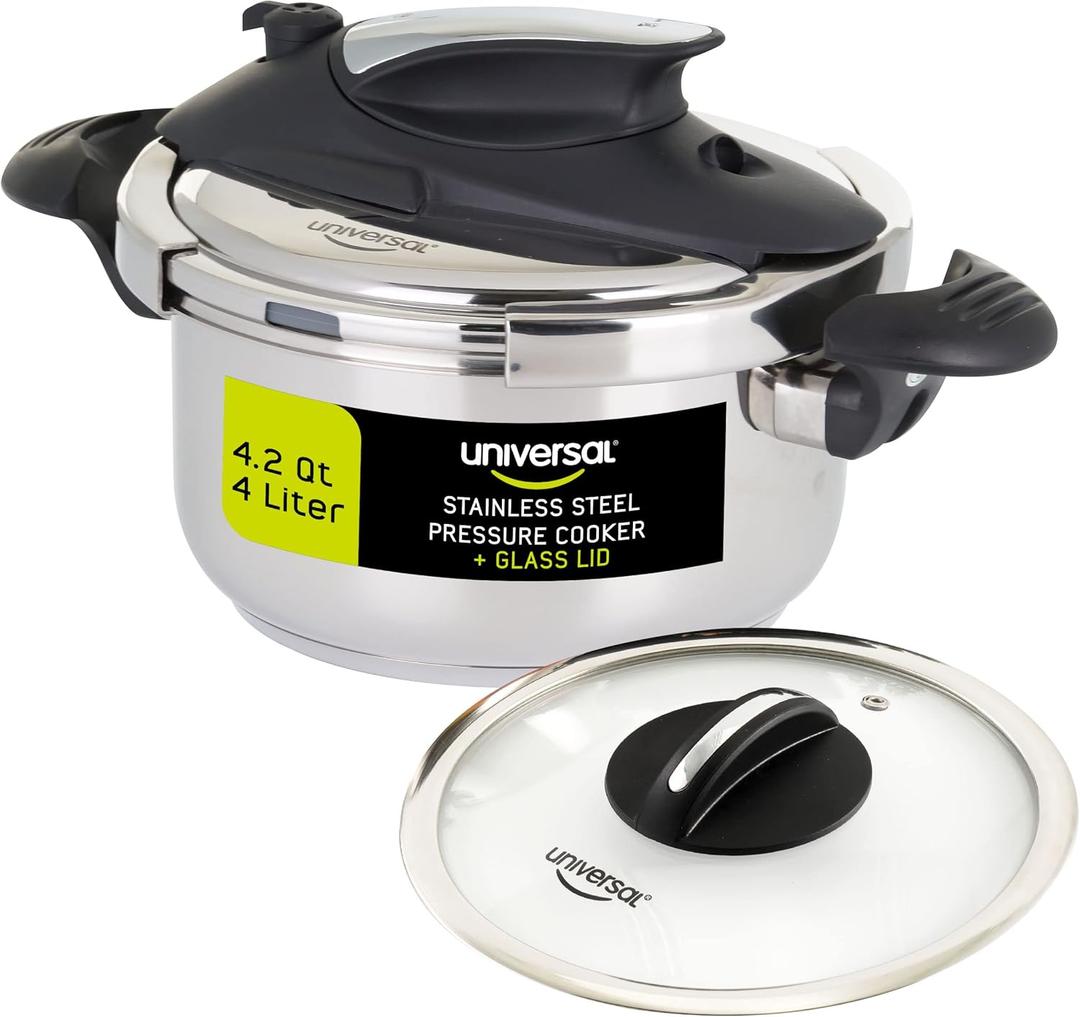 Universal (4.2 Quart / 4 Liter) Small Stainless Steel Easy Use Pressure Cooker + Extra Glass Lid, 5 Servings, Induction Compatible, Multipurpose Pot & Pressure Cooker Universal (4.2 Quart / 4 Liter) Small Stainless Steel Easy Use Pressure Cooker + Extra Glass Lid, 5 Servings, Induction Compatible, Multipurpose Pot & Pressure Cooker