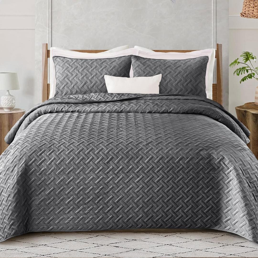 Exclusivo Mezcla Soft Quilt Set Twin Size, 2 Pieces Lightweight Quilts Grey Bedspreads Coverlets Bedding Set for All Seasons, Weave Pattern (Twin (68"x86"))