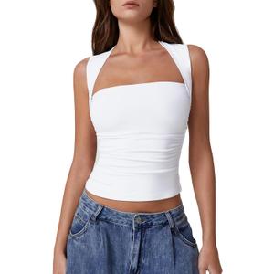 QINSEN Womens Square Neck Tank Tops Side Ruched Double Lined Slim Fit Summer Going Out Crop Top (X-Small, White)