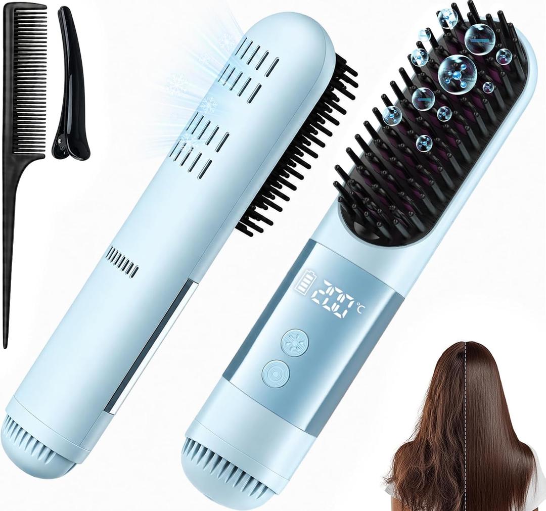 Cordless Hair Straightener Brush with Cool Air, 5-in-1 Portable Ionic Frizz-Free Straightening Brush, Rechargeable Touch Up On-the-Go Brush, MCH Fast Heating, LED Display, Anti-Scald for Women Travel
