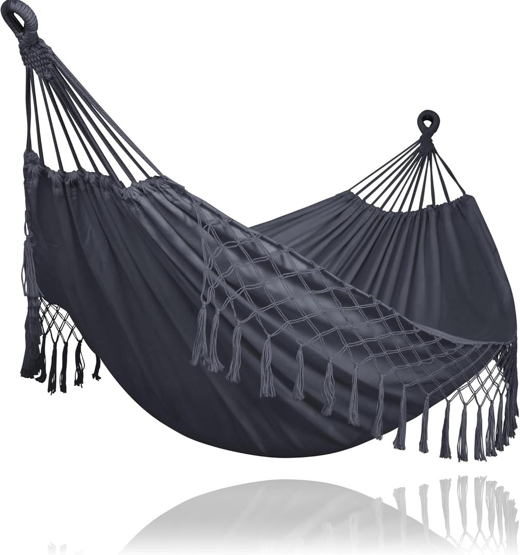 SUNCREAT Extra Large Double Hanging Hammock for Camping, Hammocks for Outside 2 Person Heavy Duty, Dark Gray with Tassels SUNCREAT Extra Large Double Hanging Hammock for Camping, Hammocks for Outside 2 Person Heavy Duty, Dark Gray with Tassels
