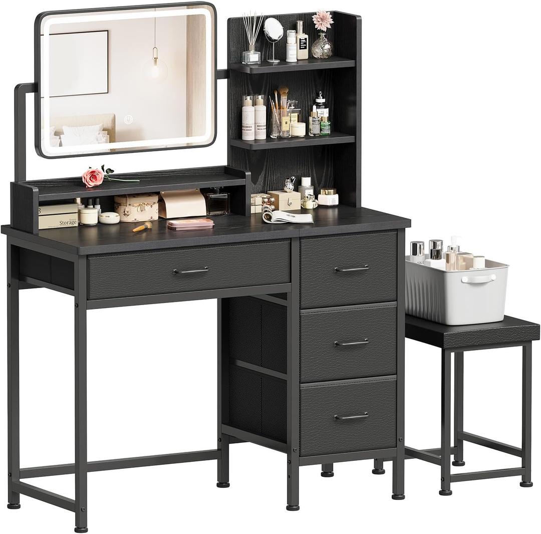YeTom Vanity Desk with Mirror, 4 Fabric Drawers, LED Lights, Bedroom, Black, 34.3in