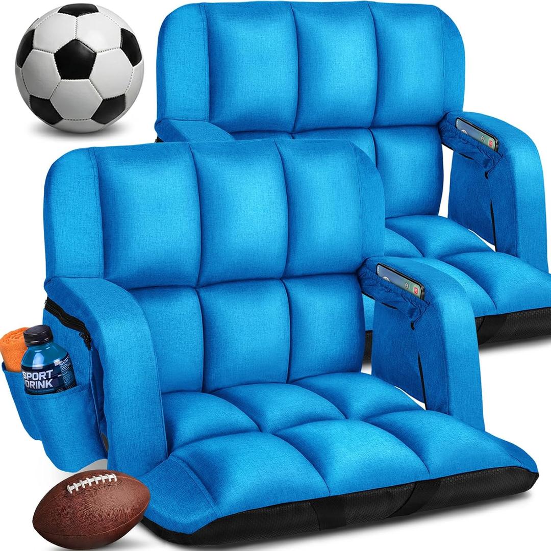 Extra Wide Stadium Seats with Back Support 2 Pack, New12-Grid Ergonomic 4.7" Thick Bleacher Chairs for All-Day Comfort, Portable Adjustable Stadium Chair for Sporting Events Blue