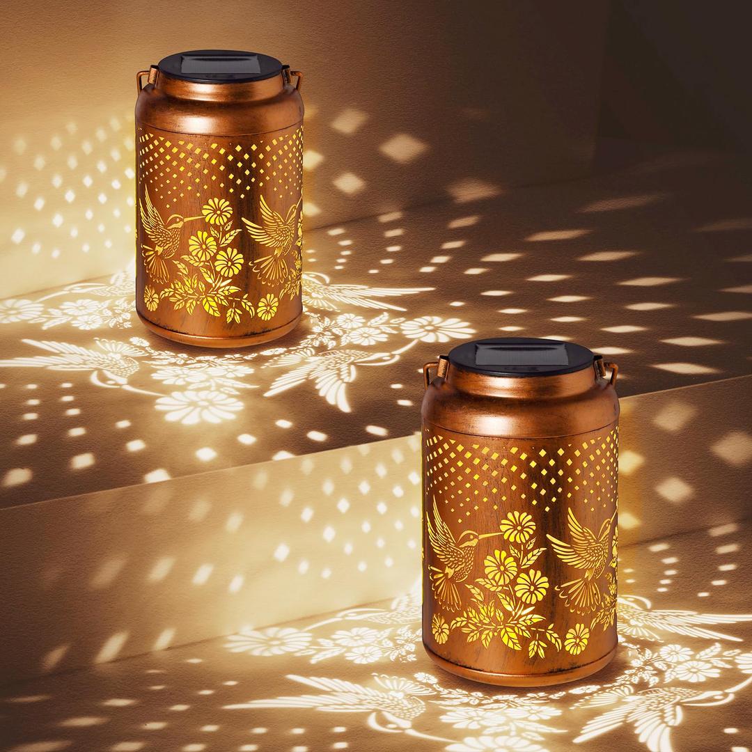2 Pack Hummingbird Solar Lanterns Outdoor Waterproof Hanging Solar Lights, Garden Decor Gifts for Women Mom Grandma Metal Garden Decorative Lights for Yard, Backyard, Patio, Porch