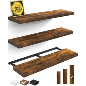 BAYKA Floating Shelves for Wall, 36 inches Wall Mounted Rustic Wood Shelves for Bathroom, Bedroom, Living Room, for Storage/Decor with 30lbs Capacity, Rustic Brown, Set of 3