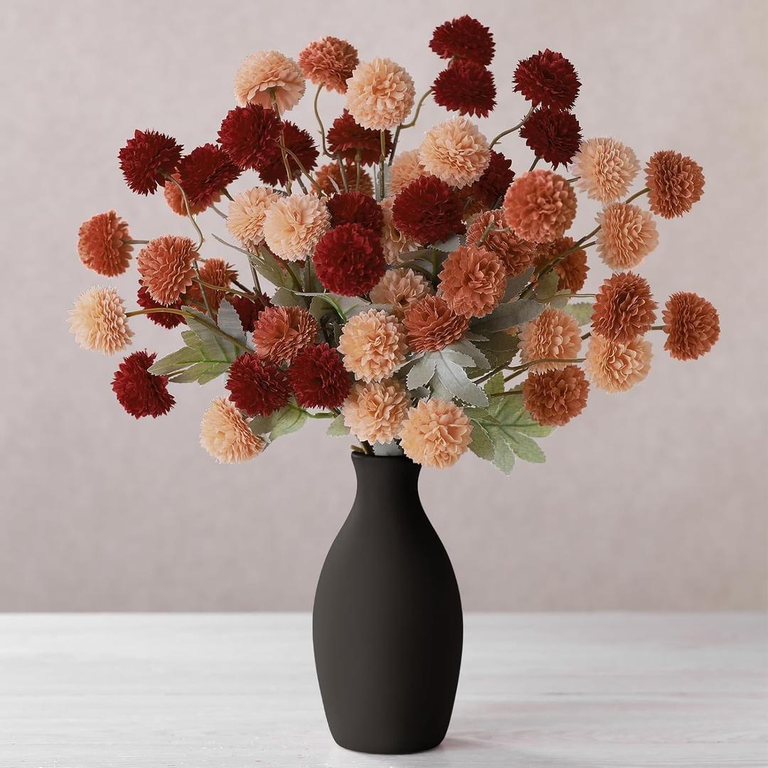12 Pcs Easter Faux Kiku Flowers Spring Summer Artificial Pom Pom Mums Small Chrysanthemum Ball Floral Picks Stems for Table Vase Centerpieces Wedding DIY Bouquet Decor(Sunset Blaze)