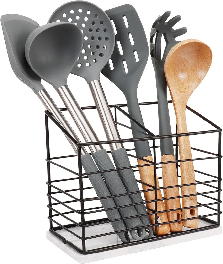 Utensil Holder for Kitchen Counter, Metal Utensil Holder Rack for Kitchen Countertop, Cooking Tools Storage for Spatula, Utensil Organizer with Marble Base, and Drainage Hole (Black Marble)
